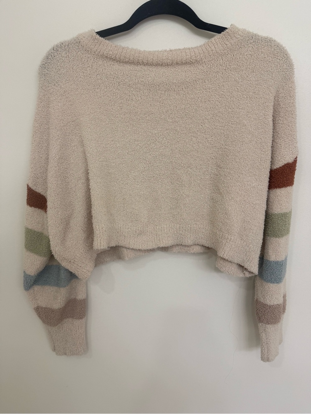 Altar’d State  Cozy Cream Cropped Sweater with Multi-Color Sleeve Stripes